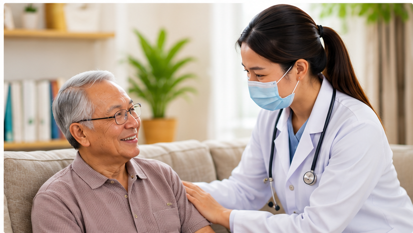 Doctor supporting an elderly patient at home