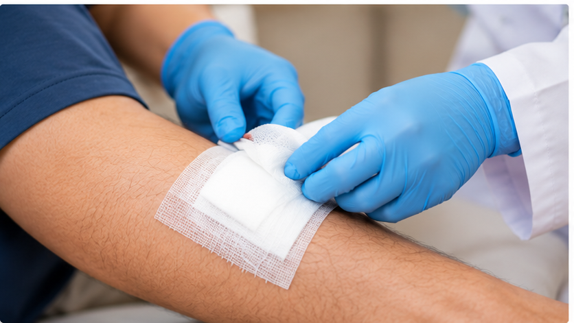 Healthcare professional applying a wound dressing
